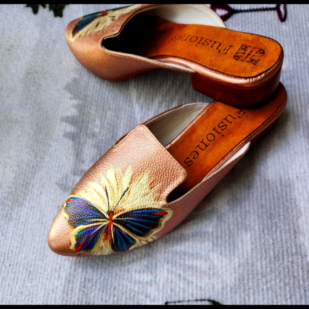 Gold Leather Mules with Embellished Design Handmade NEW